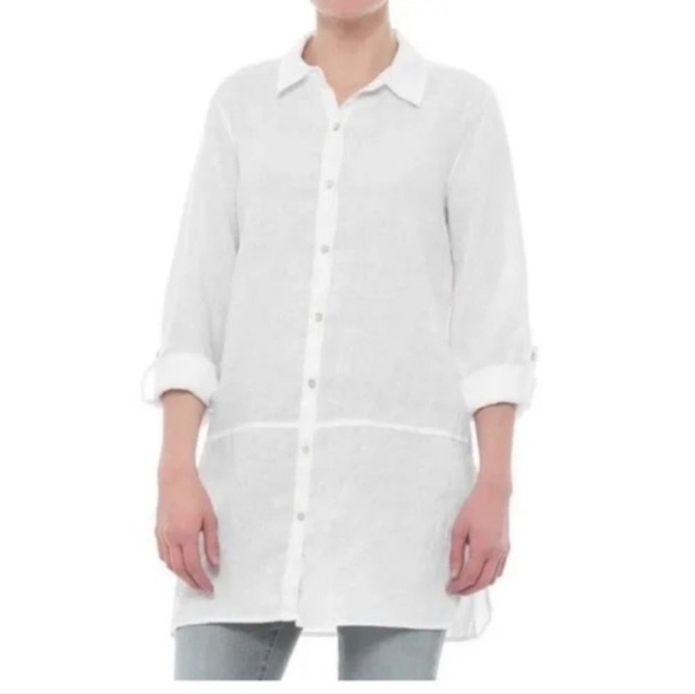 Tahari Boho White Button-Up 100% Linen Tunic Top Roll Tab Long Sleeve Size 1X